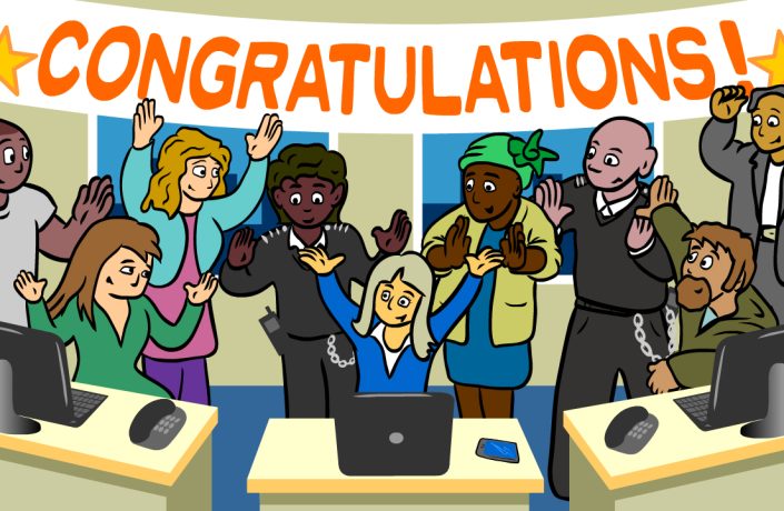 Image from an animation by Erika Flowers showing prison staff celebrating learners' success
