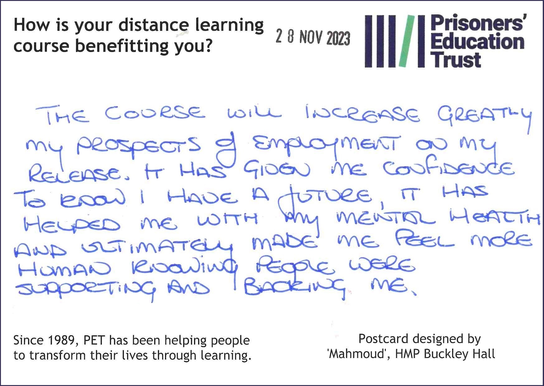 Handwritten quote from learner: "The course will increase greatly my prospects of employment on my release. It has given me confidence to know I have a future, it has helped me with my mental health and ultimately made me feel more human knowing people were supporting and backing me."
