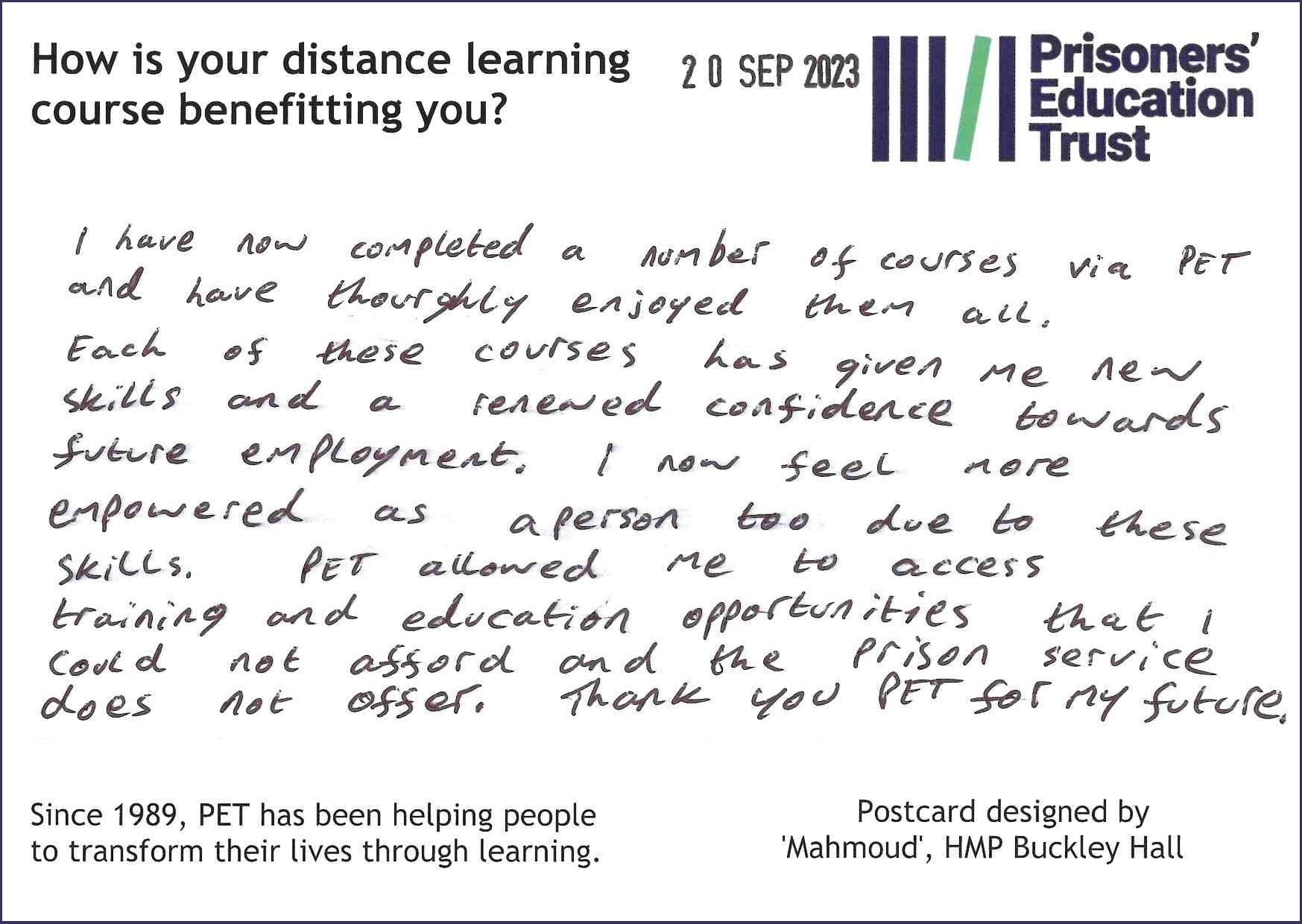 Handwritten quote from learner: "I have now completed a number of courses via PET and have thoroughly enjoyed them all. Each of these courses has given me new skills and a renewed confidence towards future employment. I now feel more empowered as a person too due to these skills. PET allowed me to access training and education opportunities that I could not afford and the prison service does not offer. Thank you PET for my future."
