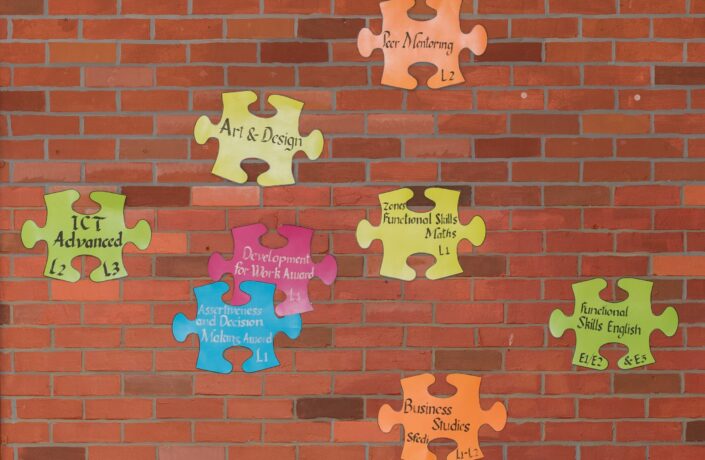 Wall decoration in prison showing different course options written on big puzzle pieces