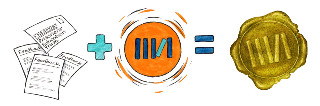 Illustration showing an equation: feedback plus PET equals a golden seal