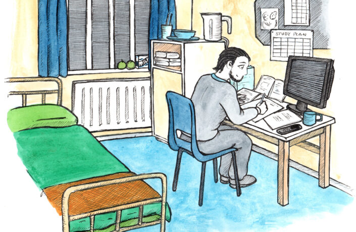 Illustration by Erika Flowers of a learner studying in their cell